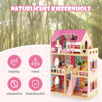 Wooden Dollhouse with 3 Floors, 15 Furniture Pieces, 6 Rooms