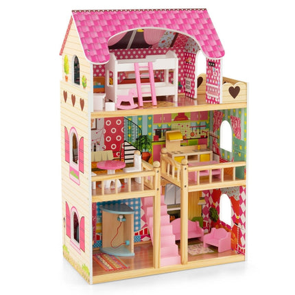 Wooden Dollhouse with 3 Floors, 15 Furniture Pieces, 6 Rooms
