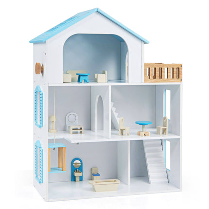 Wooden Dollhouse with 5 Rooms, Elevator and Furniture, Blue, Ages 3+