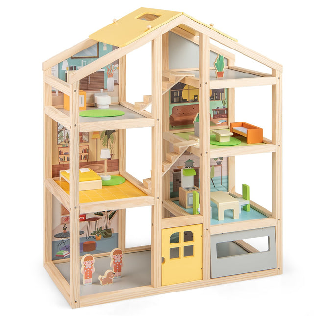 Houten poppenhuis met meubels en figuurtjes, ontwerp met meerdere kamers