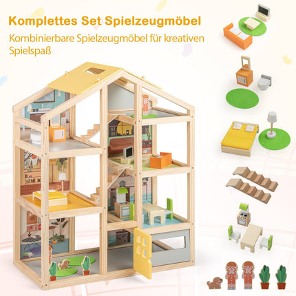 Wooden Dollhouse with Furniture & Figures, Multi-Room Design