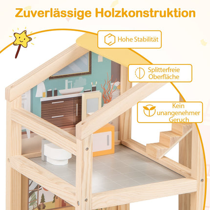 Wooden Dollhouse with Furniture & Figures, Multi-Room Design