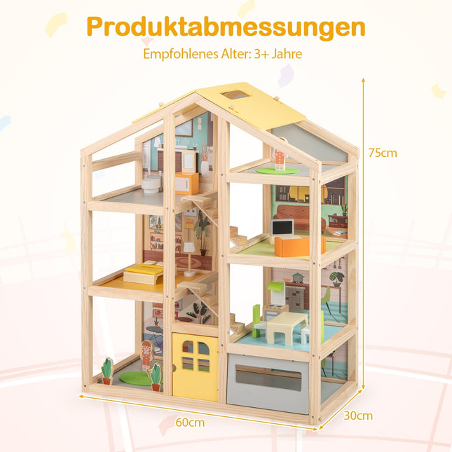 Houten poppenhuis met meubels en figuurtjes, ontwerp met meerdere kamers