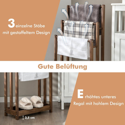Wooden Freestanding Towel Rack, 3-Tier with Shelf, Brown