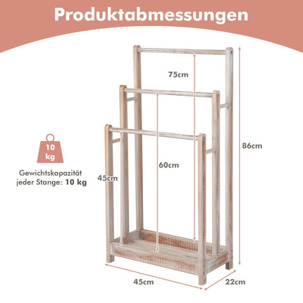Wooden Freestanding Towel Rack with 3 Bars & Shelf