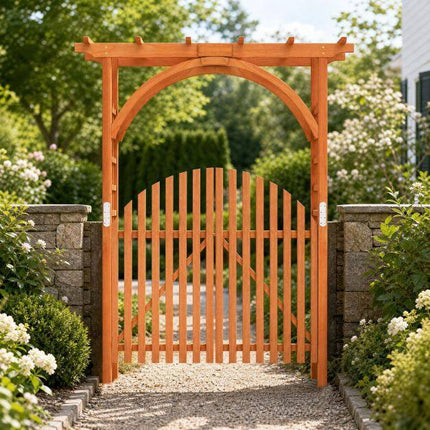 Wooden Garden Arch with Trellis & Double Doors, Fir Wood