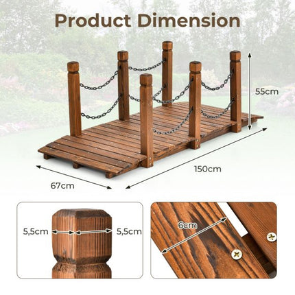 Wooden Garden Bridge, Fir Wood, Safety Chains, 150 cm