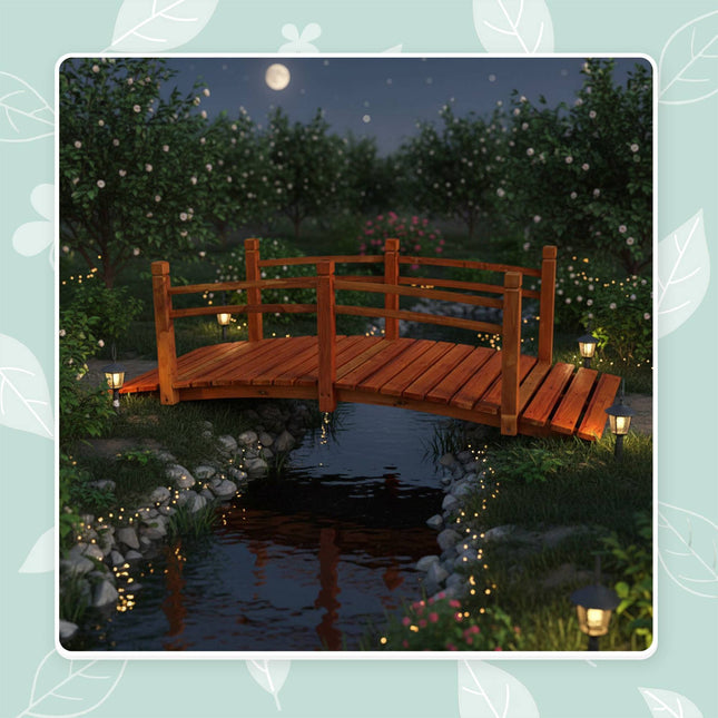 Wooden Garden Bridge with Arch and Railing