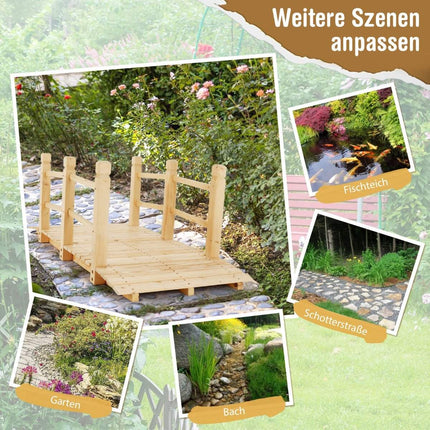 Wooden Garden Bridge with Railings, Holds Up to 100kg