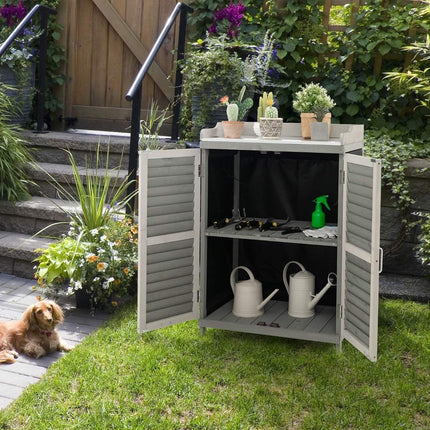 Wooden Garden Cabinet with Metal Top & 2 Shelves, Grey