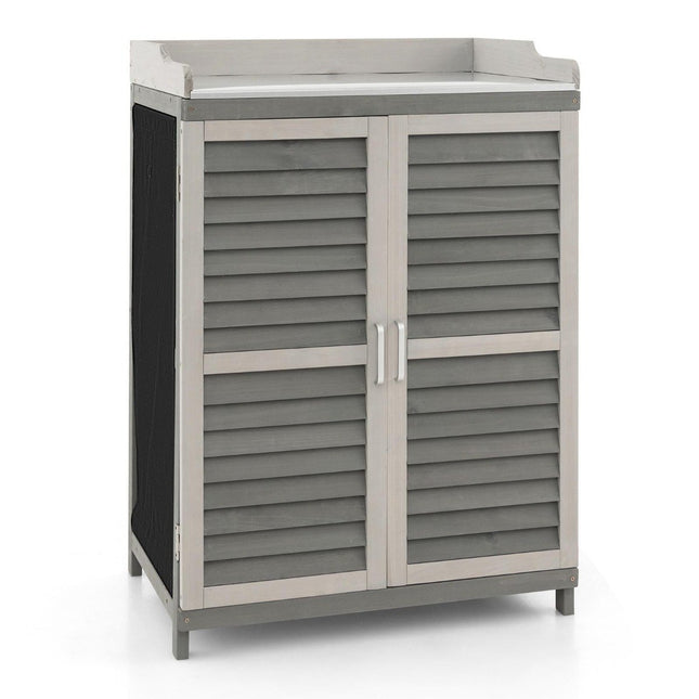 Wooden Garden Cabinet with Metal Top & 2 Shelves, Grey