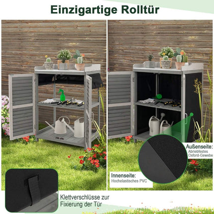 Wooden Garden Cabinet with Metal Top & 2 Shelves, Grey