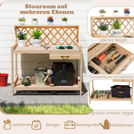 Wooden Garden Potting Bench with Trellis and Storage Shelves