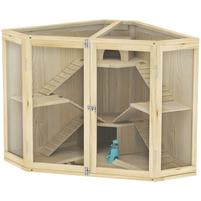 Wooden hamster cage with ramp and huts, 4 levels