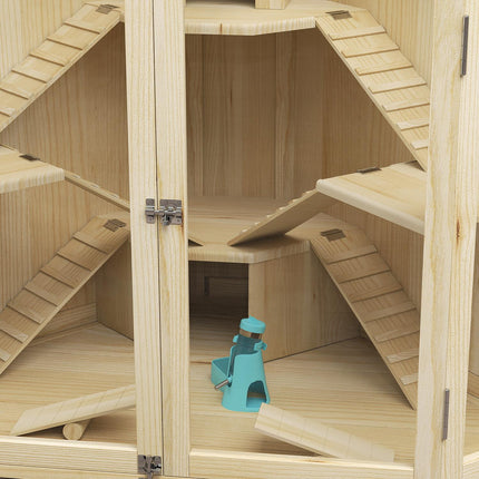 Wooden hamster cage with ramp and huts, 4 levels