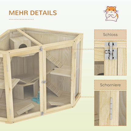 Wooden hamster cage with ramp and huts, 4 levels