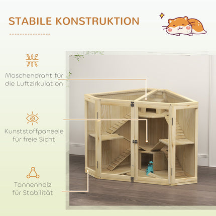 Wooden hamster cage with ramp and huts, 4 levels
