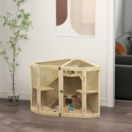 Wooden hamster cage with ramp and huts, 4 levels