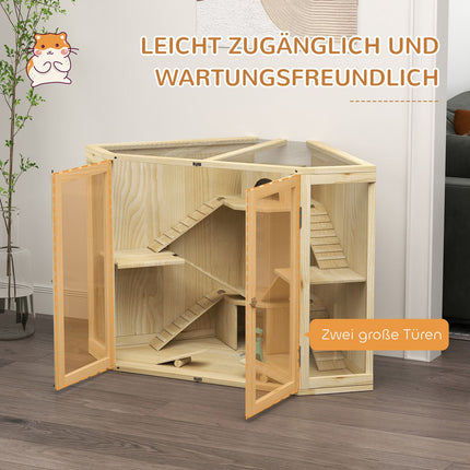 Wooden hamster cage with ramp and huts, 4 levels