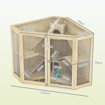Wooden hamster cage with ramp and huts, 4 levels
