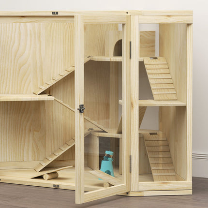 Wooden hamster cage with ramp and huts, 4 levels