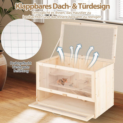 Wooden Hamster Cage with Mesh Lid & Multi-Ladders