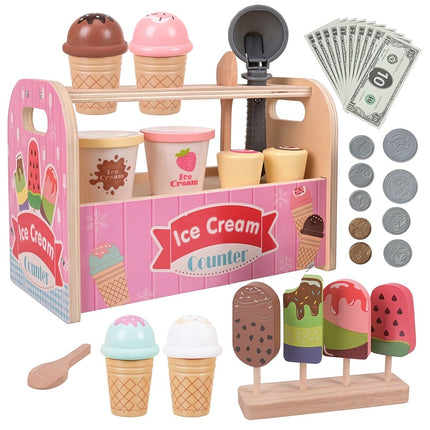 Wooden Ice Cream Shop Play Set 33 Pieces with Play Money, Scoop, Multicolour