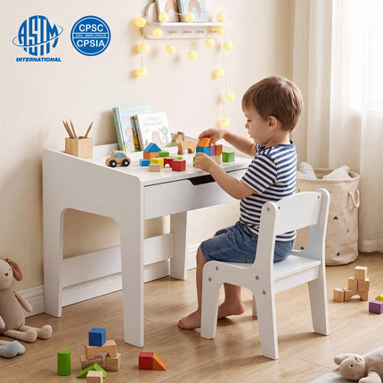 Wooden Kids Desk and Chair Set with Pull-Out Drawer, White, 3 Compartments