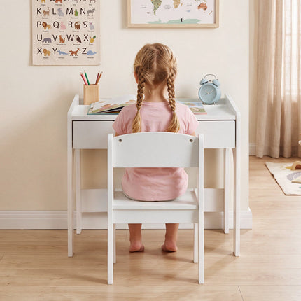 Wooden Kids Desk and Chair Set with Pull-Out Drawer, White, 3 Compartments