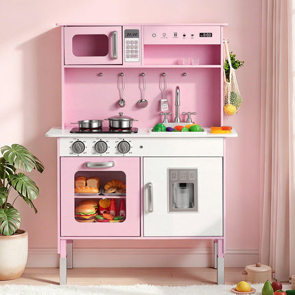 Wooden Kids Play Kitchen Set, Lights Sounds, Pink