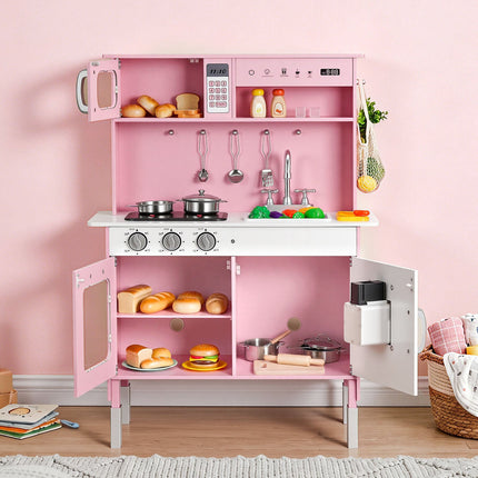 Wooden Kids Play Kitchen Set, Lights Sounds, Pink
