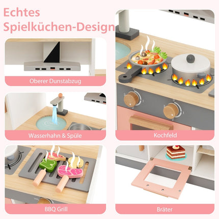 Wooden Kids Play Kitchen with Hood, Fridge, and Faucet