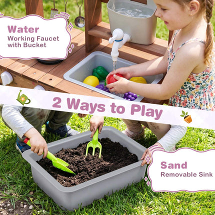 Wooden Mud Kitchen Set with Faucet and Gardening Tools