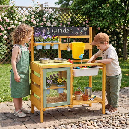 Wooden Mud Kitchen for Toddlers with Water Faucet