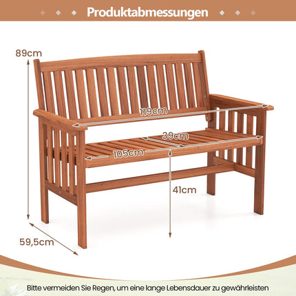 Wooden Outdoor Bench with Armrests, 2-Seater, Adjustable Back