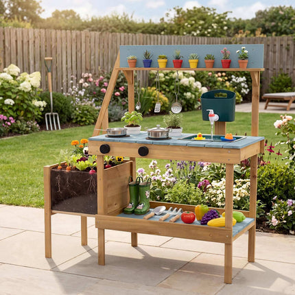 Wooden Outdoor Mud Kitchen with Sink, Planter & Stoves