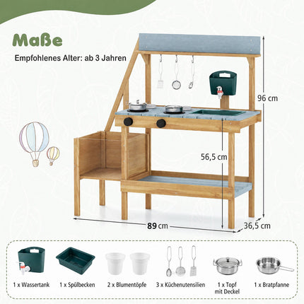 Wooden Outdoor Mud Kitchen with Sink, Planter & Stoves