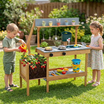 Wooden Outdoor Mud Kitchen with Sink, Planter & Stoves