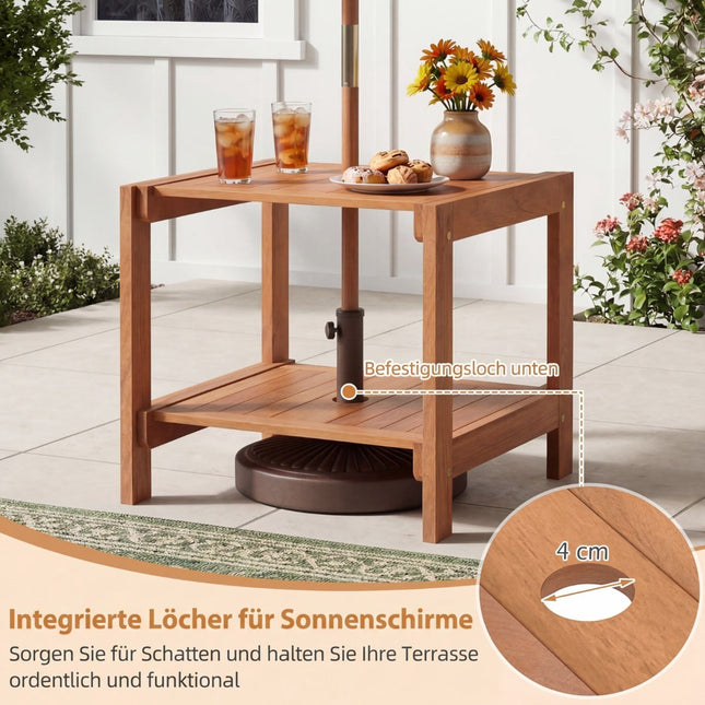 Wooden Outdoor Side Table with Umbrella Hole & Shelves
