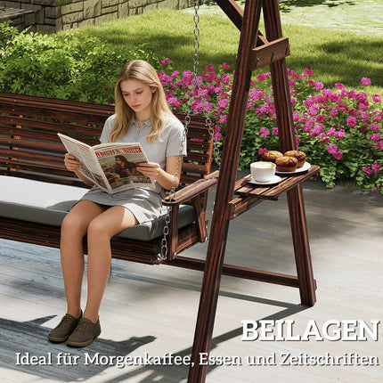 Wooden Outdoor Swing Chair with Cushion, 3-Seater
