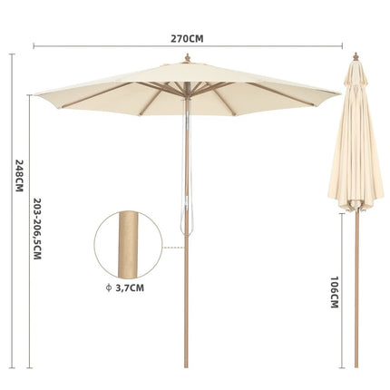 Wooden Patio Umbrella, 270 cm, Adjustable Tilt, Beige