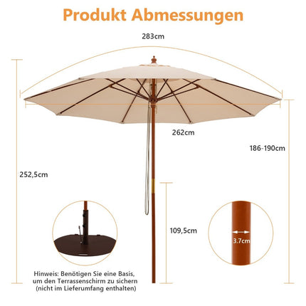 Wooden Patio Umbrella with Pulley, 283 x 252.5 cm, Beige