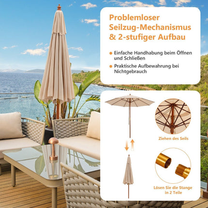 Wooden Patio Umbrella with Pulley, 283 x 252.5 cm, Beige