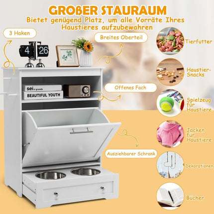 Wooden Pet Feeding Station for Feeding and Watering with Stainless Steel Bowl & Hangers White