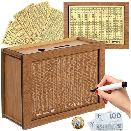 Wooden Piggy Bank with Savings Challenge Cards