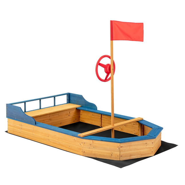 Wooden Pirate Ship Sandbox with Bench and Flag, 171x100x130 cm