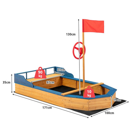 Wooden Pirate Ship Sandbox with Bench and Flag, 171x100x130 cm