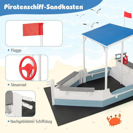 Wooden Pirate Ship Sandbox with Roof and Bench