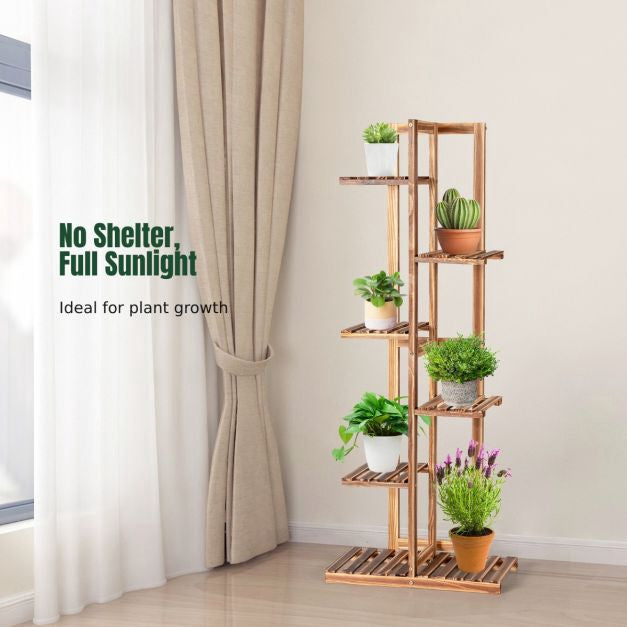 Wooden Plant Stand, 6-Tier Pine Rack With Wall Mount