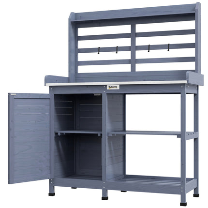 Garden plant table in wood with cabinet and shelves - Grey